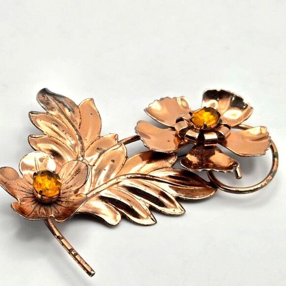 Vintage Sterling Silver Floral Brooch Yellow Rhinestone Vermeil 1940s‎ 50s 17g - Picture 2 of 5